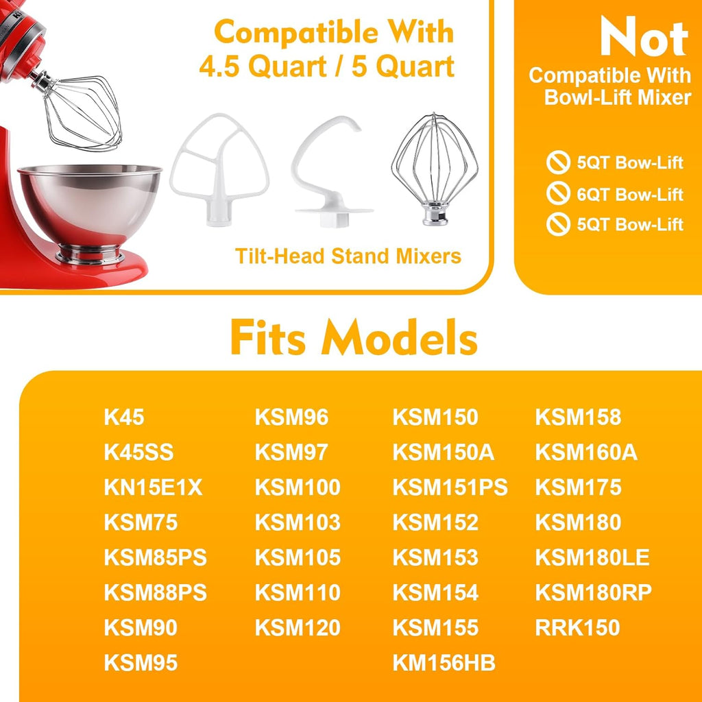 3-Piece Kit Attachments for KitchenAid Tilt-Head Stand Mixer, Accessories Stainless Steel K45WW Wire Whip, K45DH Dough Hook and K45B Coated Flat Blade Paddle with Scraper