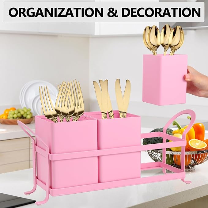 Metal Silverware Caddy,3 Compartment Utensil Holder With Metal Rack,Utensil Caddy Flatware Cutlery Organizer for Countertop Party Picnic Camping Outdoor Pink