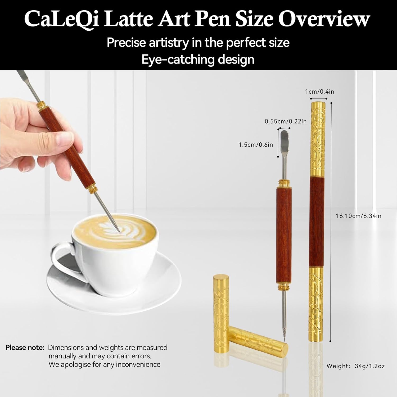 Latte Art Pen 1Pcs,Stainless Steel and Brass with Rosewood Handle of Tools - Barista Tools for Art on Latte,Cappuccino,Espresso - Perfect Coffee Accessories for Coffee Bar