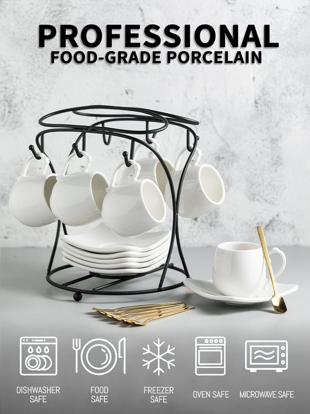 LYEOBOH Espresso Cups with Saucers Set, Porcelain Coffee Cups and Metal Stand and Spoons, Small Demitasse Cups for Espresso, Latte, Cafe Mocha, Cappuccino, and Tea, 3 OZ, Set of 6, White