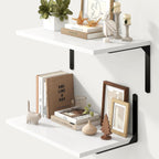 Fun Memories Floating Shelves for Wall, 12 Inch Deep Floating Shelves Set of 2, Wall Mounted Shelf with Metal Brackets, Rustic Wood Wide Shelf for Bathroom, Kitchen and Living Room, White, 24W x 12D