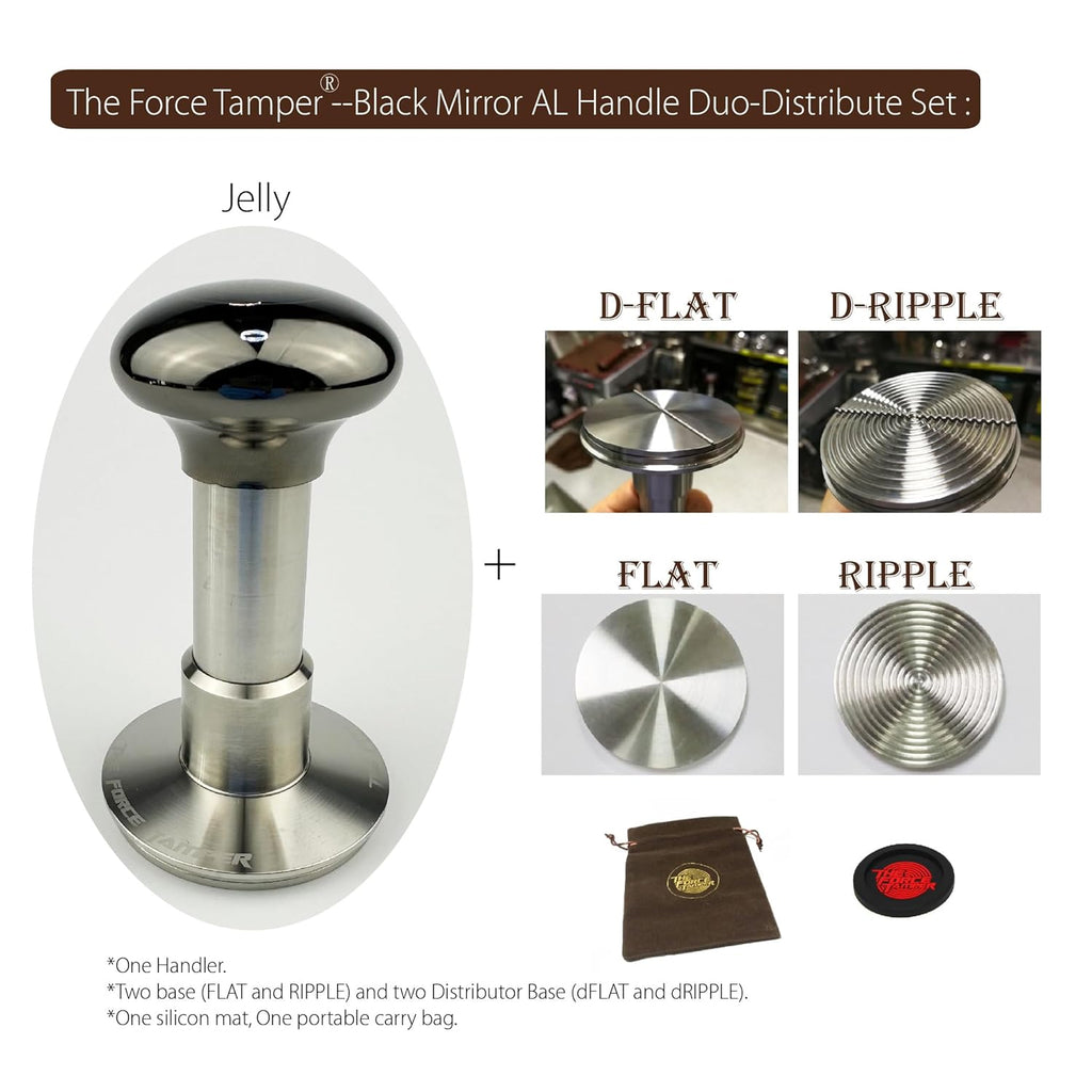 The Force Tamper Automatic Impact Adjustable Constant Pressure and Autoleveling Coffee Tamper Black Mirror Jellyfish AL Handle Set Pro (Duo-Distribute Set, 53.50mm)