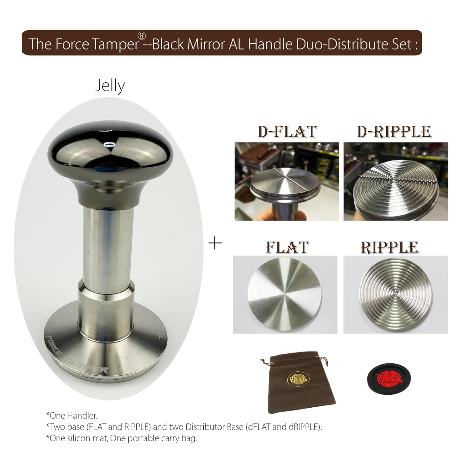 The Force Tamper Automatic Impact Adjustable Constant Pressure and Autoleveling Coffee Tamper Black Mirror Jellyfish AL Handle Set Pro (Duo-Distribute Set, 53.50mm)