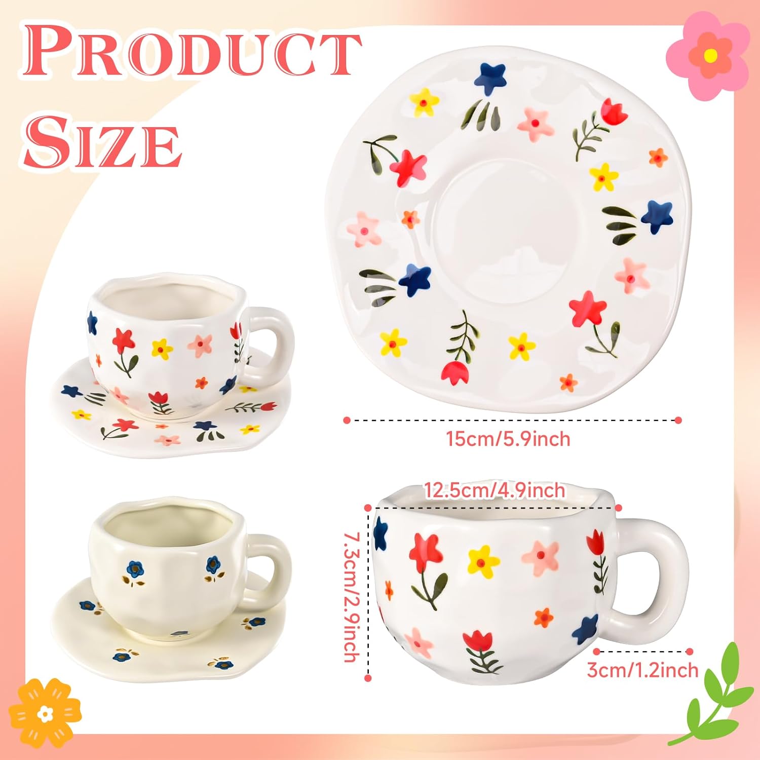 Ceramic Coffee Mug Vintage Flower Mugs 8 oz Cute Floral Coffee Mugs Irregular Latte Art Cup Lead-free Porcelain Cups for Cappuccino, Cocoa (Blue and Pink Mug with Saucers)