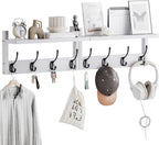 Coat Rack with Shelf Wall Mount, Entryway Bamboo Hanging Shelf, Set of 2, Wall Hook Rail for Hallway Décor, Storage Clothe, Hat, Robe, Key, Dog Leash (White+Black)