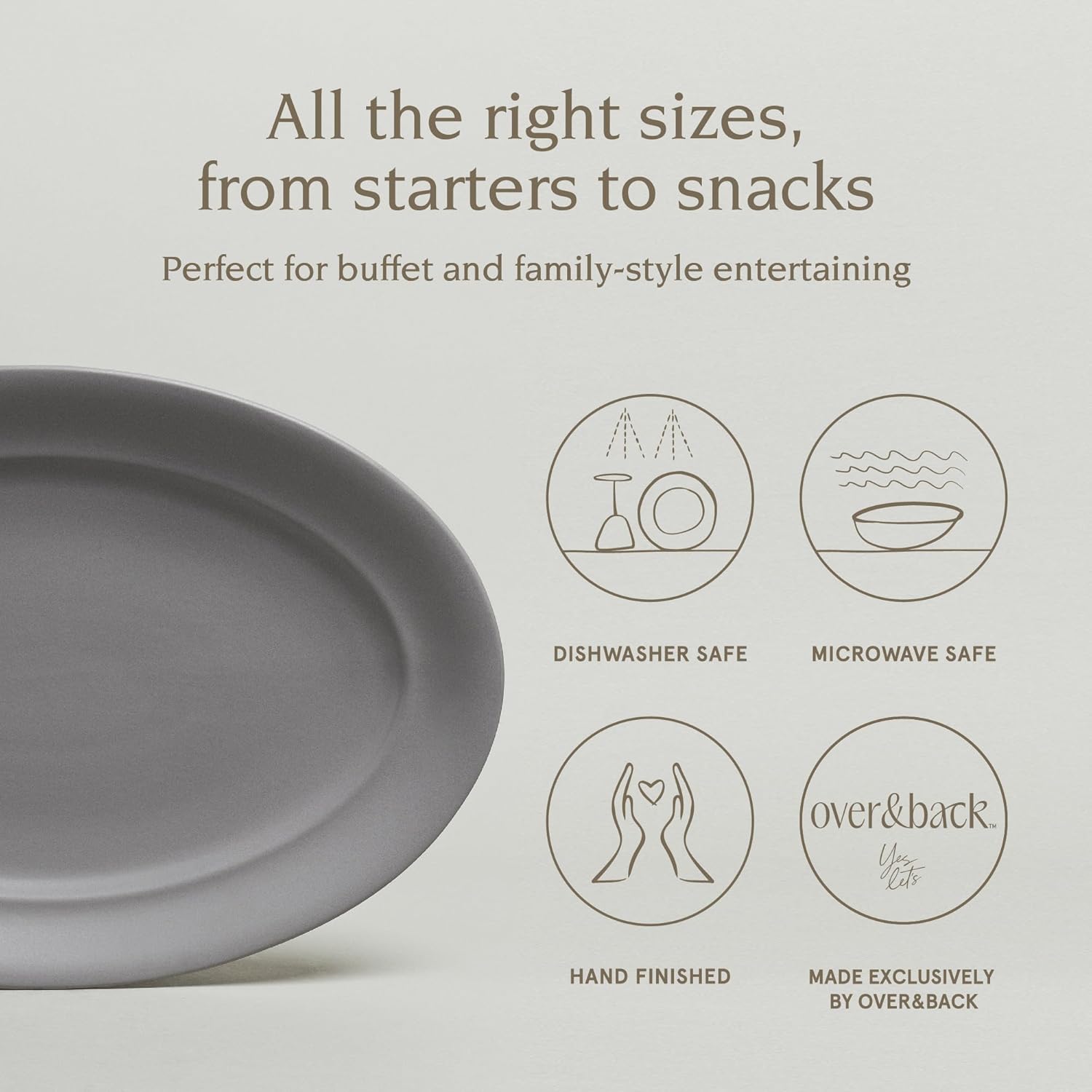over&back Rim Stoneware Serving Platter - Elegant 1-Piece Oval Serving Platter to Complete Your Kitchen Set - 16" L x 10.8" W Semi-Matte Charcoal
