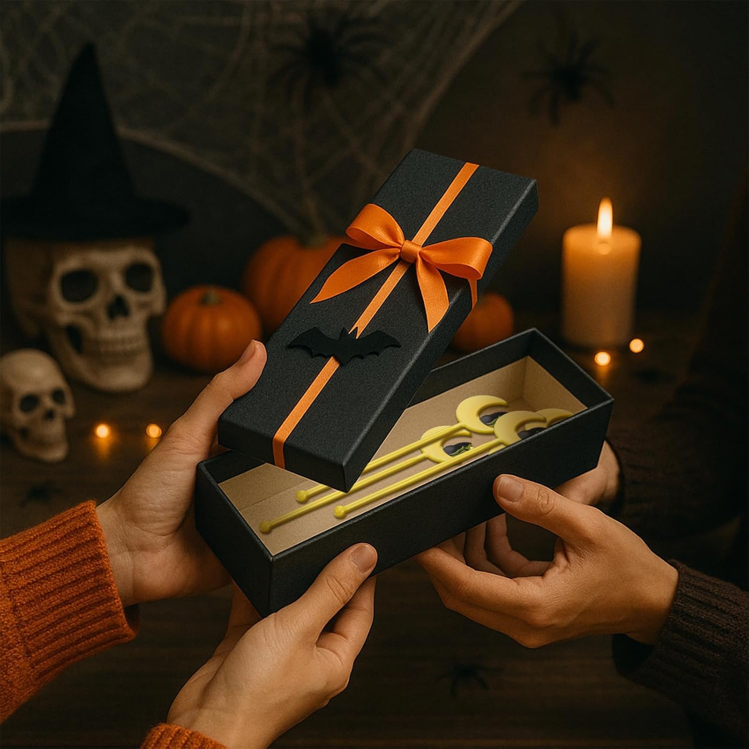 30 Pcs Halloween Swizzle Sticks Plastic Coffee and Cocktail Stirrers Fall Thanksgiving Drink Stirrers Cocktail Mixers for Halloween Fall Autumn Party Tea Coffee Bar Decoration(Moon and Cat)