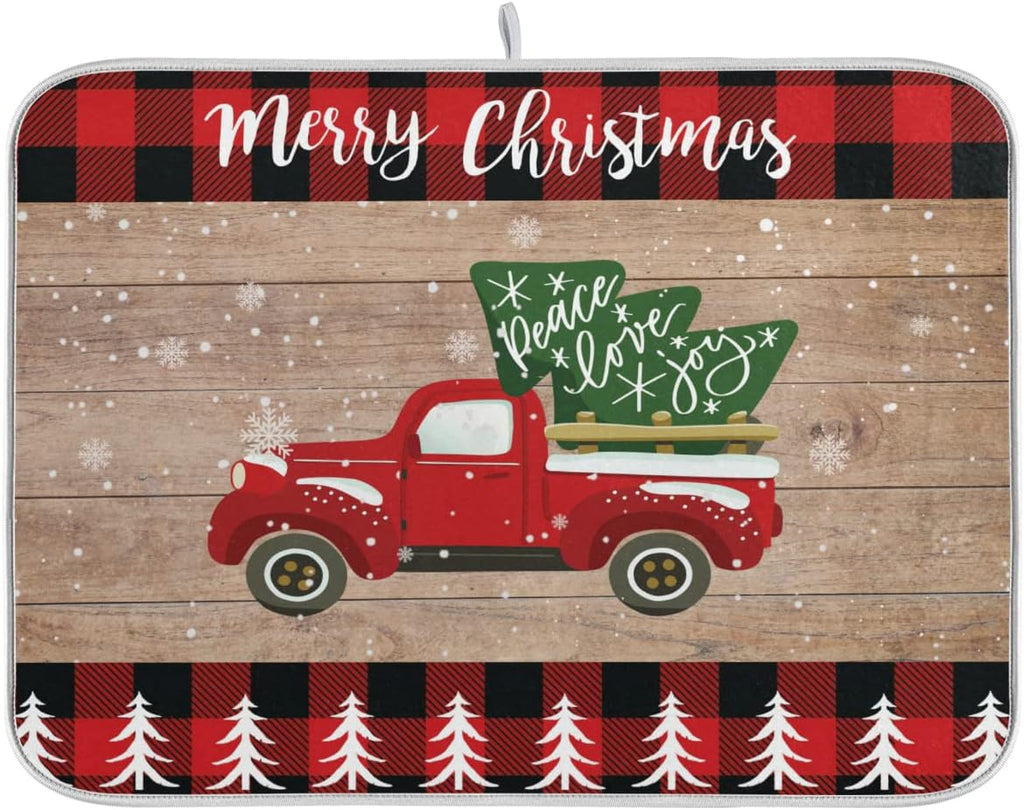 Christmas Dish Drying Mat 18 x 24 Inch with Hanging Loop High Absorbent Reversible Microfiber Red Truck Buffalo Check Plaid Dish Mat Dish Drying Pad Dish Rack Pad Drainer Mat Counter Mat