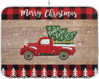 Christmas Dish Drying Mat 18 x 24 Inch with Hanging Loop High Absorbent Reversible Microfiber Red Truck Buffalo Check Plaid Dish Mat Dish Drying Pad Dish Rack Pad Drainer Mat Counter Mat