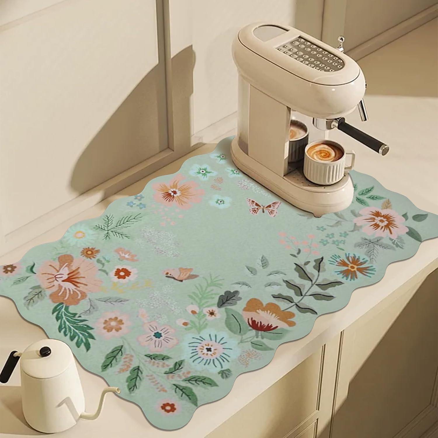 Scalloped Bohemian Coffee Bar Mat Dish Drying Mats for Kitchen Counter, Kitchen Decor,(16"x24", Green)