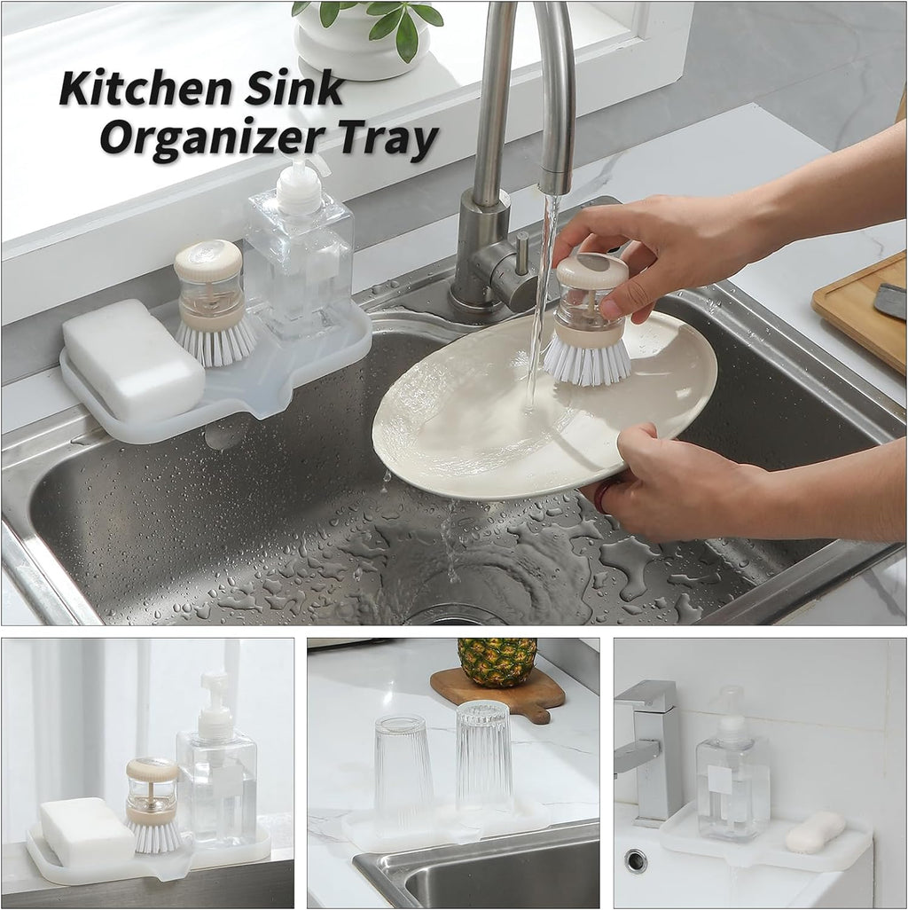 Silicone Bathroom Soap Dishes with Drain Spout-Bathroom and Kitchen Sink Organizer,Sponge Holder,Dish Soap Tray,Perfect for Dispenser,Scrubber,Bottle,Cup on Counter Translucent 9.6"×5.3"