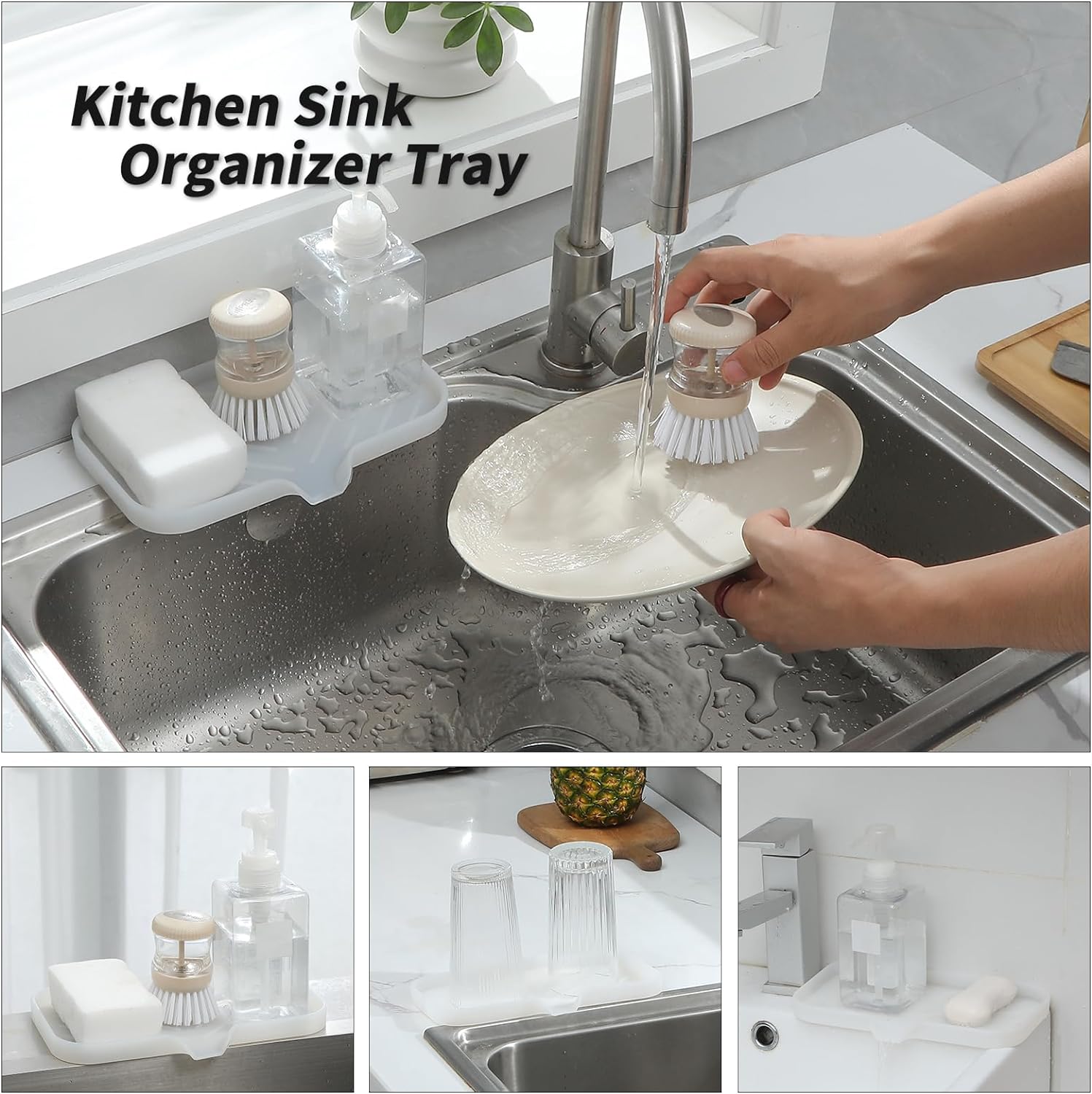 Silicone Bathroom Soap Dishes with Drain Spout-Bathroom and Kitchen Sink Organizer,Sponge Holder,Dish Soap Tray,Perfect for Dispenser,Scrubber,Bottle,Cup on Counter Translucent 9.6"×5.3"