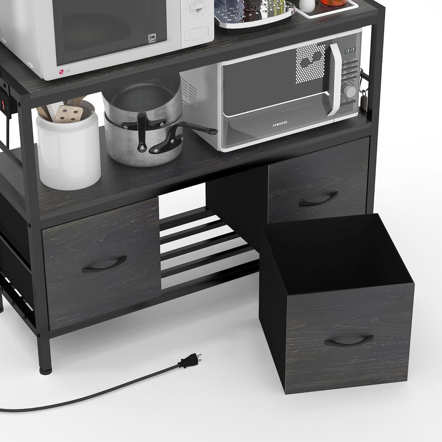 Bakers Rack with Power Outlet,5-Tier Free Standing Kitchen Storage Shelf Bakers Rack with Baskets,Industrial Microwave Oven Stand,Metal Kitchen Rack Organizer with Hooks(Black)