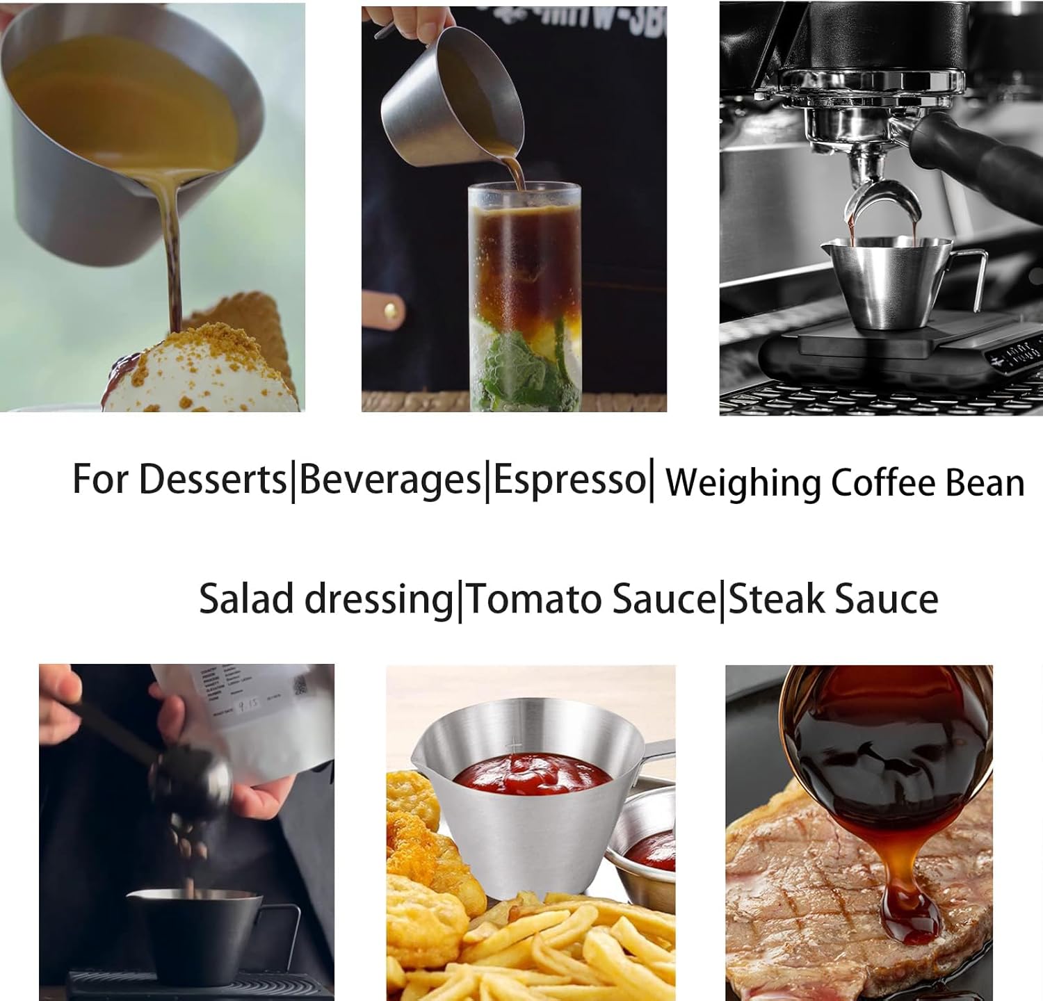 MHW-3BOMBER Espresso Shot Cups with Handle Espresso Measuring Cup Dishwasher Safe 2 Pack Stainless Steel Pouring Cup for Tomato Sauce|Steak Sauce|Dessert|Beverage (Matte Glossy) G6196-OS