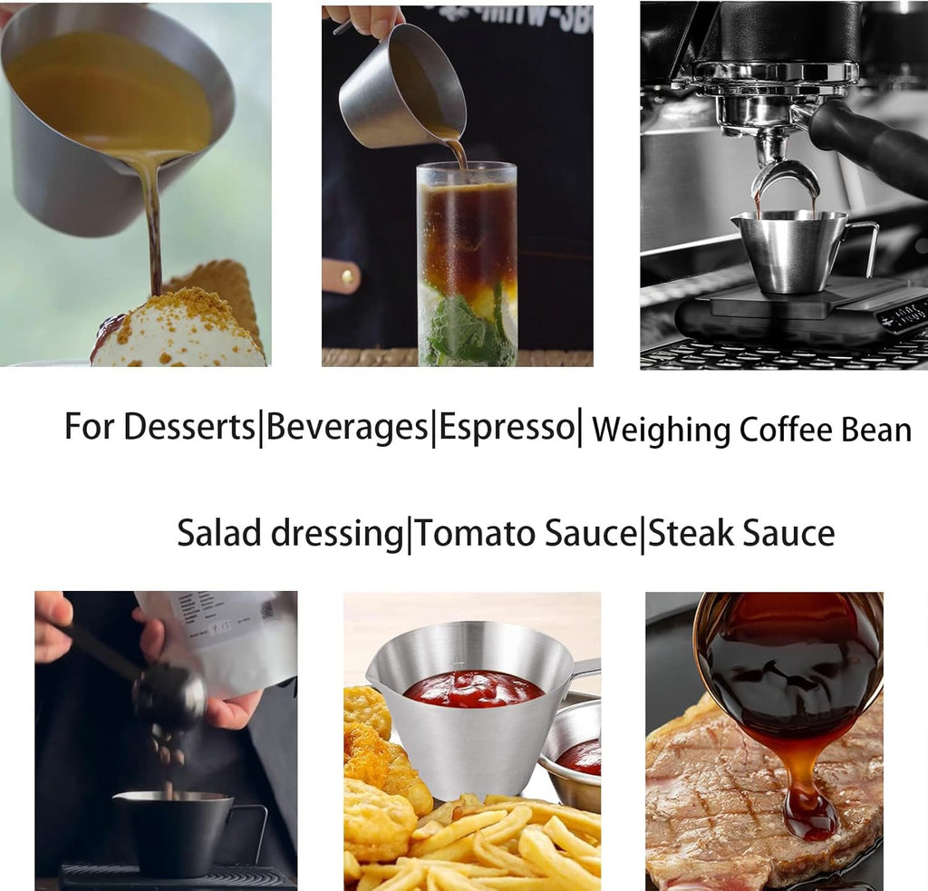 MHW-3BOMBER Espresso Shot Cups with Handle Espresso Measuring Cup Dishwasher Safe 4Pcs Stainless Steel Pouring Cup for Tomato Sauce|Steak Sauce|Dessert|Beverage (Matte Glossy) G7000-OS