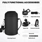 Insulated Water Bottle 64 oz, Triple Wall Vacuum Stainless Steel (Cold for 48 Hrs), Leak Proof & Non-BPA, Half Gallon Water Flask Jug with Paracord Handle & Straw Spout Lids, Magic Black