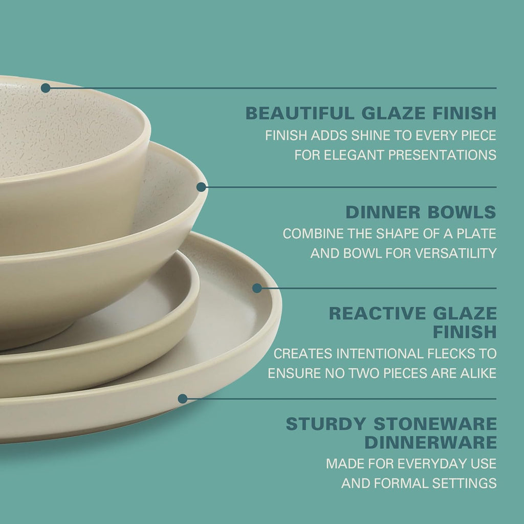 Gibson Elite Tribeca Loft 16-Piece Dinnerware Set – Matte Cream and White Reactive Glaze Stoneware, Double Bowl Round Plates and Bowls – Modern Neutral Tableware for 4, Dishwasher & Microwave Safe