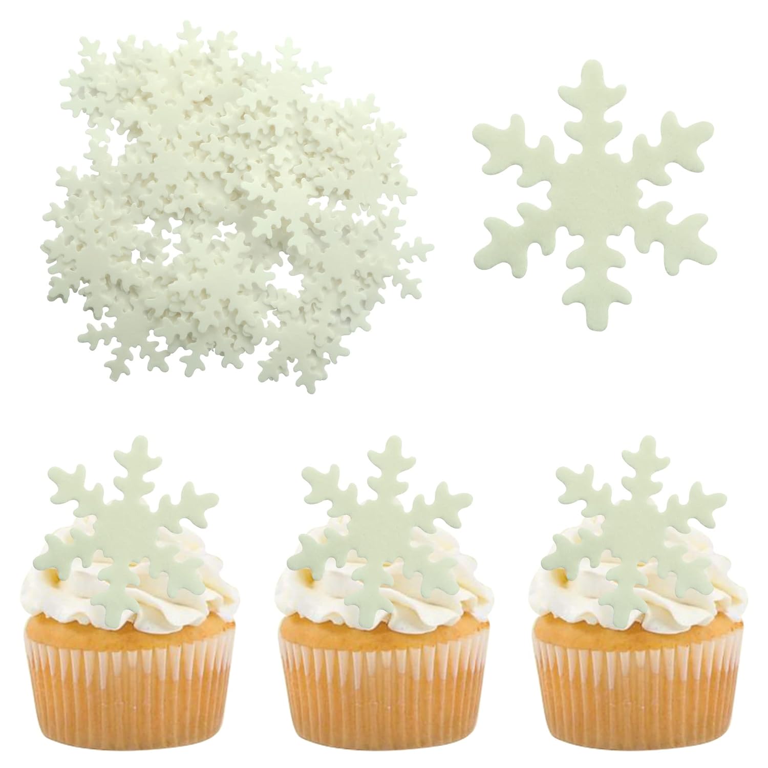 Gyufise 50Pcs White Edible Cupcake Toppers Snowflakes Cake Decoration for Christmas Winter Frozen Birthday Party Supplies