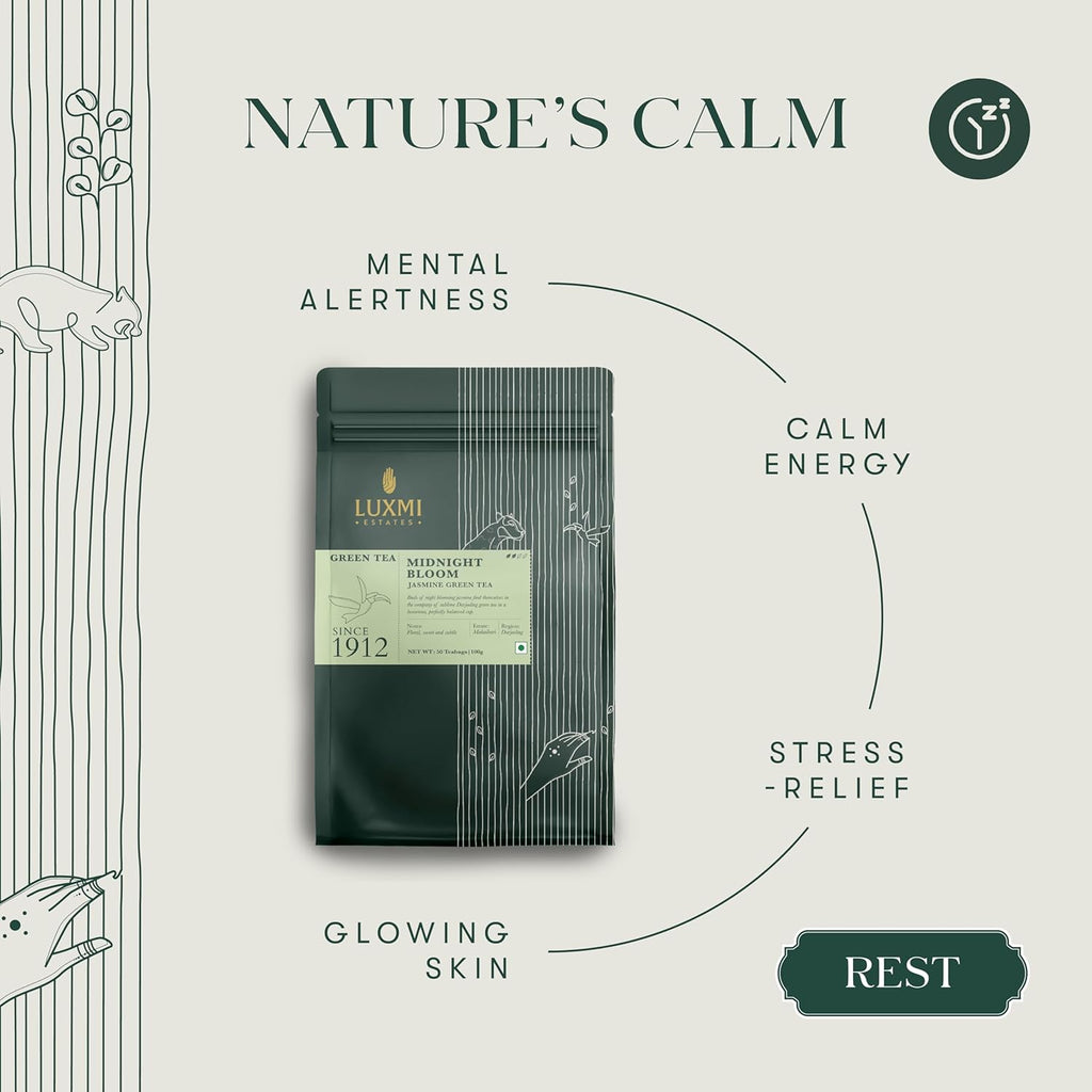 Luxmi Estates Midnight Bloom Organic Jasmine Tea (50 Tea Bags) Mildly Caffeinated Tea Bags For Relaxing, Calming, and Stress Relief, With Certified Organic Darjeeling Makaibari Green Tea