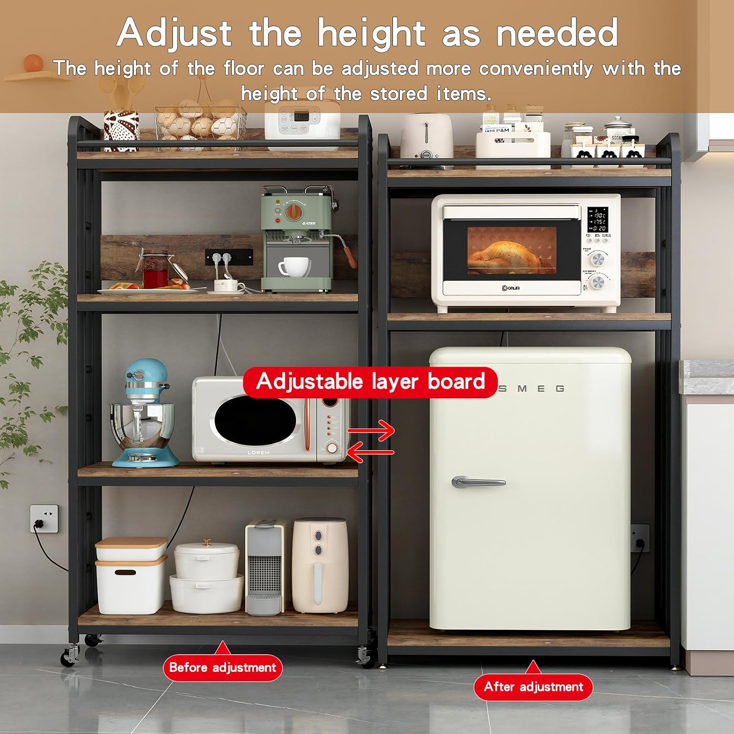 Adjustable 4-Tier Heavy Duty Kitchen Baker's Rack with Power Outlet, with Industrial Wheels, Free Standing Microwave Oven Cart Stand for Storage in Living Room, Garage, Rustic Brown