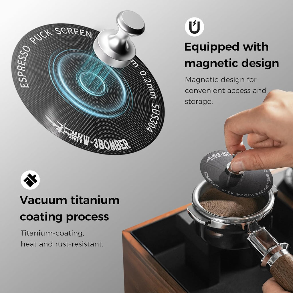 MHW-3BOMBER 58mm Espresso Puck Screen - 0.2mm Ultra Thin Espresso Puck - Metal Reusable Coffee Filter for Portafilter Basket 58mm - Puck Screen with Titanium Coating FG7046B-OS
