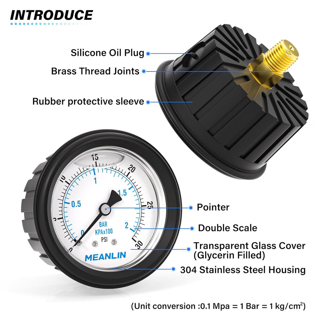 MEANLIN MEASURE 0~30Psi Stainless Steel 1/4" NPT 2.5" FACE DIAL Liquid Filled Pressure Gauge, Center Back Mount (with Rubber Protective Sleeve), with 1/2" NPT and 3/8" NPT Hex Bushing