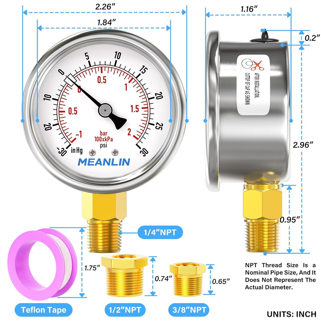 MEANLIN MEASURE -30inHG~30Psi Vacuum Gauge Stainless Steel 1/4" NPT 2" FACE DIAL Waterproof for Air Compressor HVAC Negative Pressure Hand Pump Pool Lower Mount, with 1/2" NPT and 3/8" NPT Hex Bushing