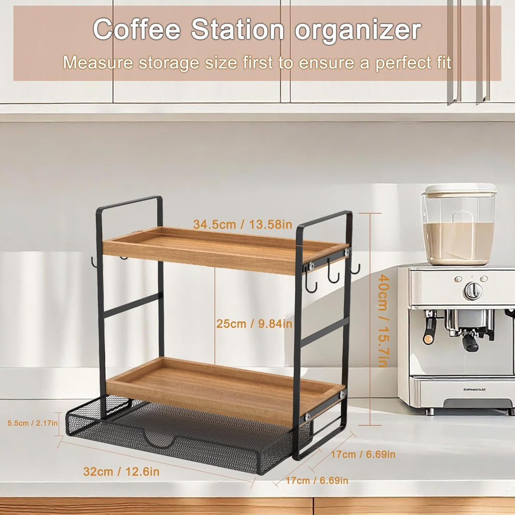 LEMIKKLE 2-Tier Coffee Station Organizer with Pod Holder and Drawer, Kitchen Countertop Organizer, Coffee Bar Accessories Station with Coffee Pod Storage, Coffee Organizer