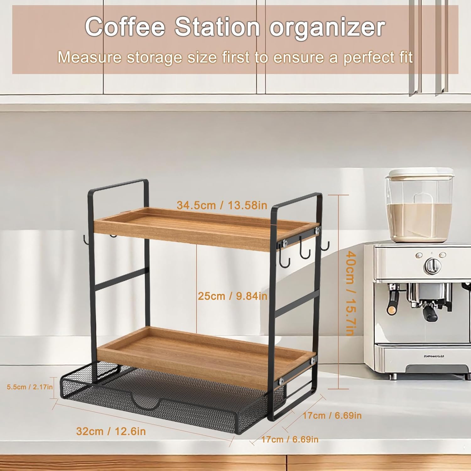 LEMIKKLE 2-Tier Coffee Station Organizer with Pod Holder and Drawer, Kitchen Countertop Organizer, Coffee Bar Accessories Station with Coffee Pod Storage, Coffee Organizer