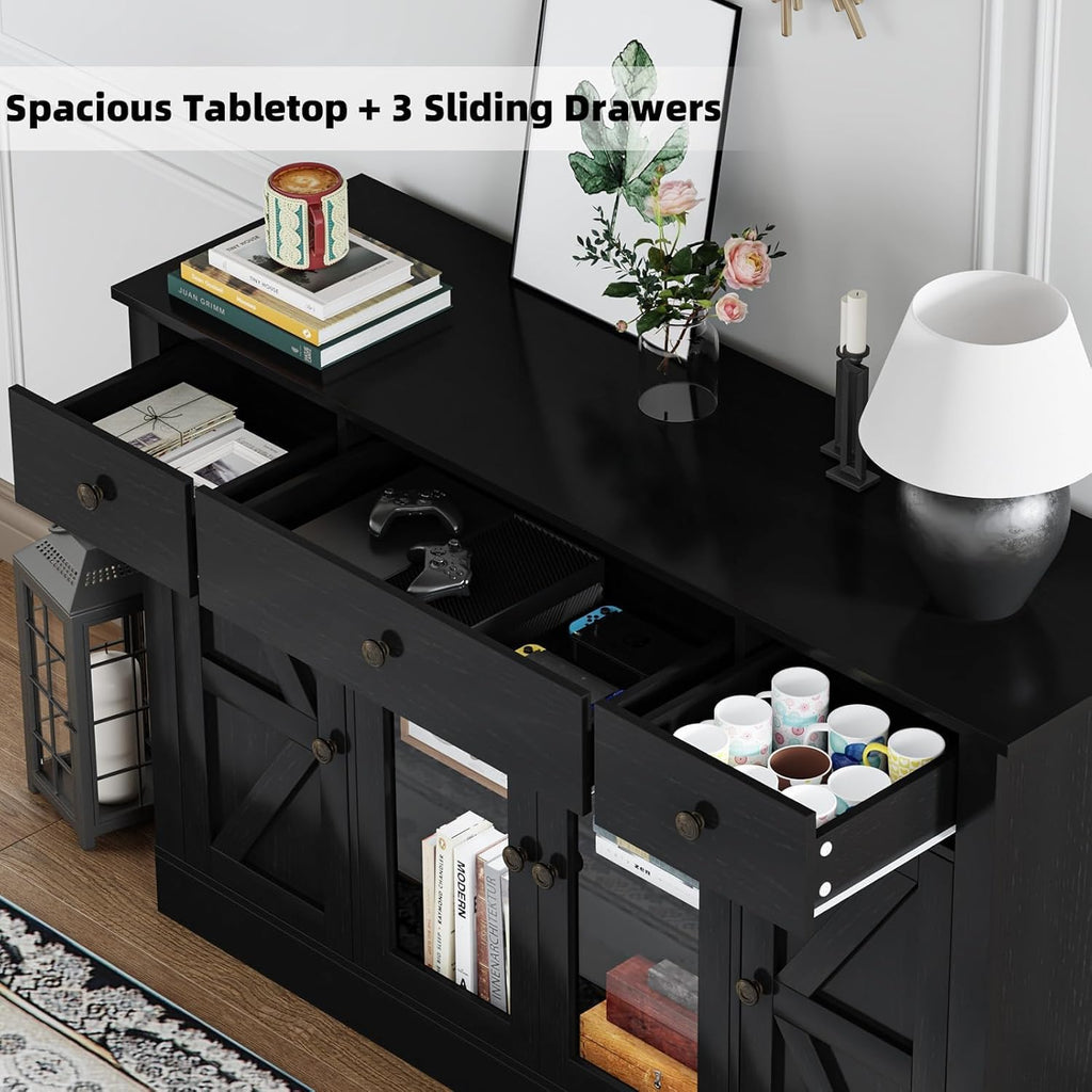 4 EVER WINNER 55" Coffee Bar with 4 Glass Doors and 3 Drawers, Sideboard Buffet Cabinet with Storage, Farmhouse Coffee Bar Cabinet with Adjustable Shelves for Kitchen, Dining Room, Black