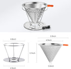 Pour Over Coffee Dripper, Stainless Steel Coffee Filter Reusable Pour Over Coffee Filter Cone Coffee Dripper with Removable Cup Stand and Bonus Brush