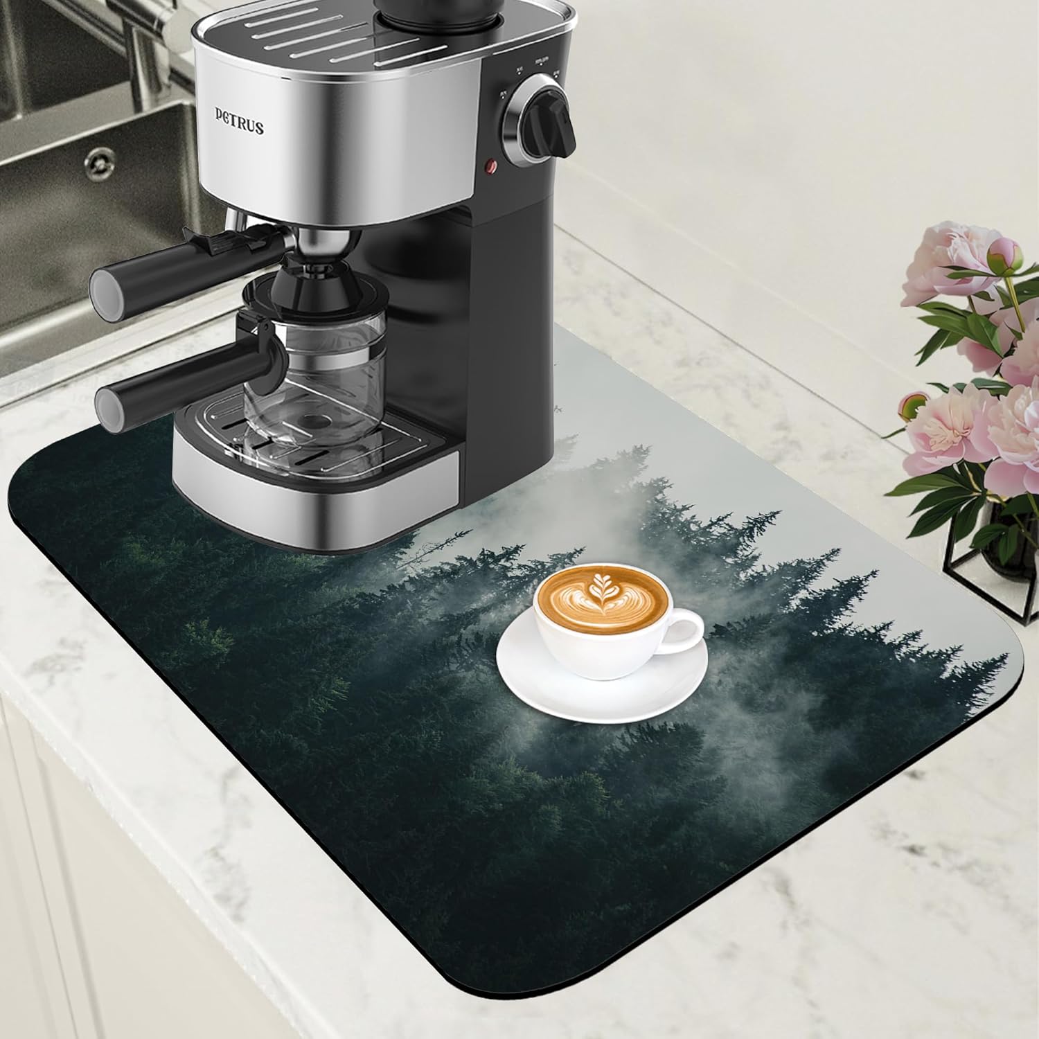 Foggy Forest Coffee Mat Absorbent Dish Drying Mat for Kitchen Counter Hide Stain Rubber Backed Coffee Bar Accessories Fit Under Espresso Machine Dish Drainer, 11.8 x 19.7 Inch