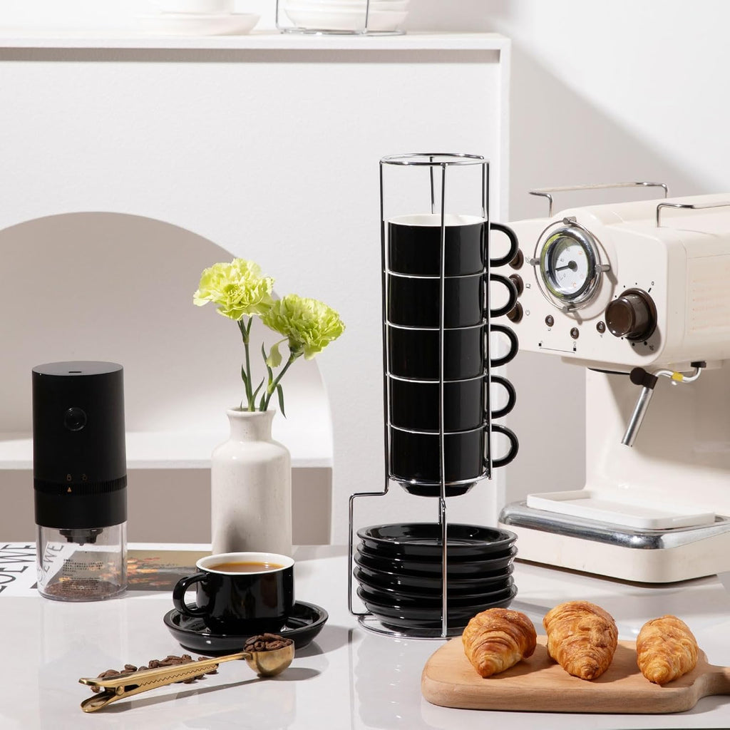 Sweejar Ceramic Espresso Cups Set of 6, Espresso Cup Stackable, 4 Oz Stackable Cappuccino Cups with Saucers and Metal Stand for Coffee Drinks, Americano, Latte, Tea (Black)