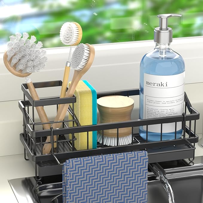 Sponge Holder for Kitchen Sink - Countertop Rustproof Stainless Steel, Sink Caddy, Kitchen Gadgets Accessories (Black)