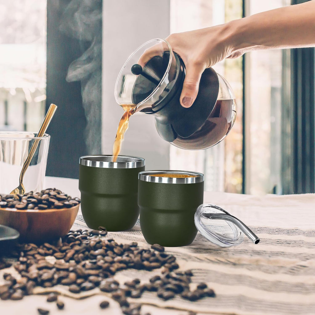 4oz Stackable Cup, Vacuum Insulated Espresso Cup Set of 6, Espresso Shot Cup for Coffee, Double Wall Stainless Steel Mini Tumbler Shot Glasses with Straw and Lid (A-green6P, 4oz)