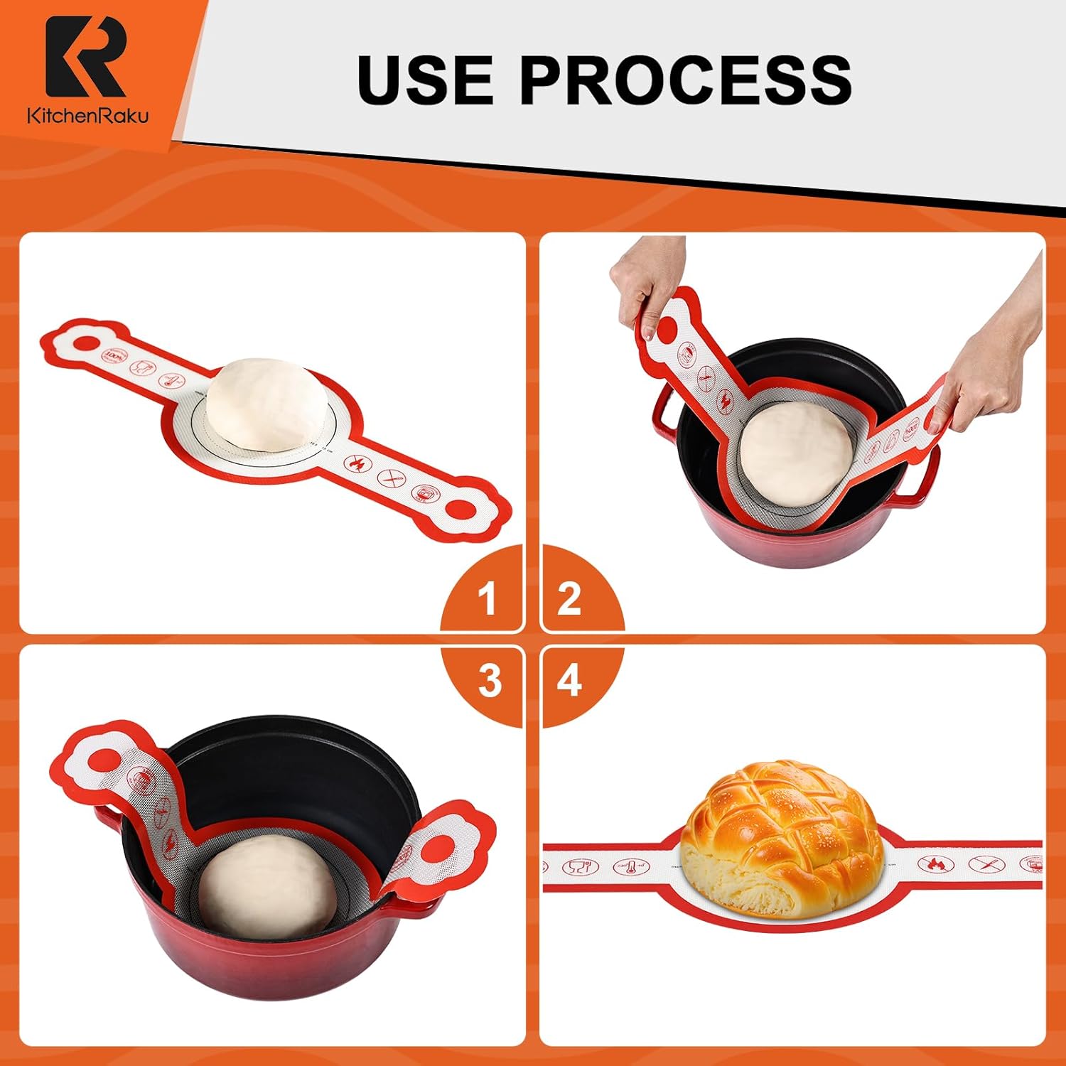 Cook's Aid 2 Pcs Silicone Bread Sling for Dutch Oven, Non-Stick Bread Baking Mat Set, Reusable Sourdough Bread Sling with Long Handles for Easier Transfer for Dough