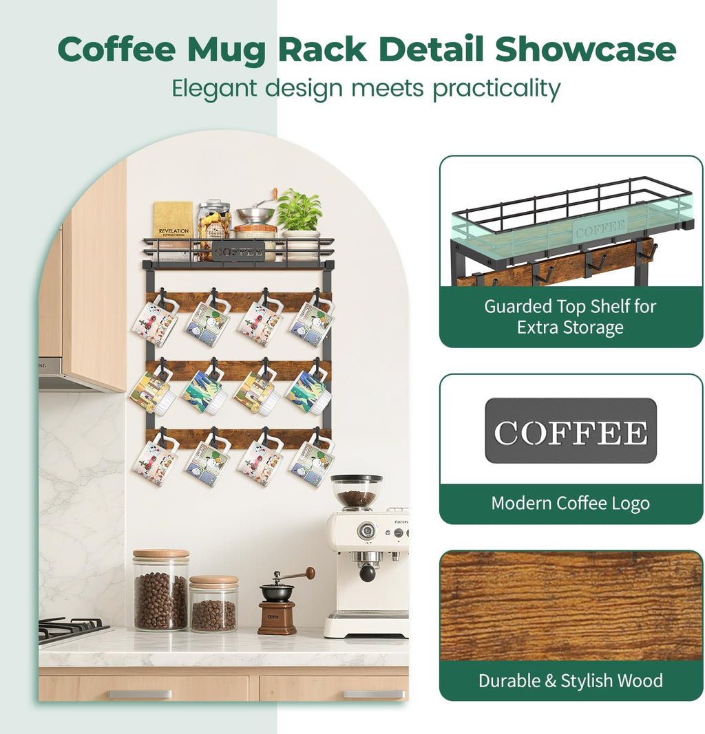 EsLuker.ly Coffee Mug Holder Wall Mounted Display Rack, Black Metal Cup Hanger Organizer with 12 Movable Plastic Hooks, Wood Rustic Shelf for Coffee Bar Home Kitchen, Thoughtful Wall Storage
