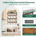 EsLuker.ly Coffee Mug Holder Wall Mounted Display Rack, Black Metal Cup Hanger Organizer with 12 Movable Plastic Hooks, Wood Rustic Shelf for Coffee Bar Home Kitchen, Thoughtful Wall Storage