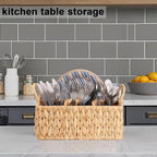 Wicker Party Silverware Caddy, Water Hyacinth Plastic Cutlery Utensil Holder, Hand Woven with Handles, Kitchen Countertop and Picnic flatware Organizer (4 compartments)