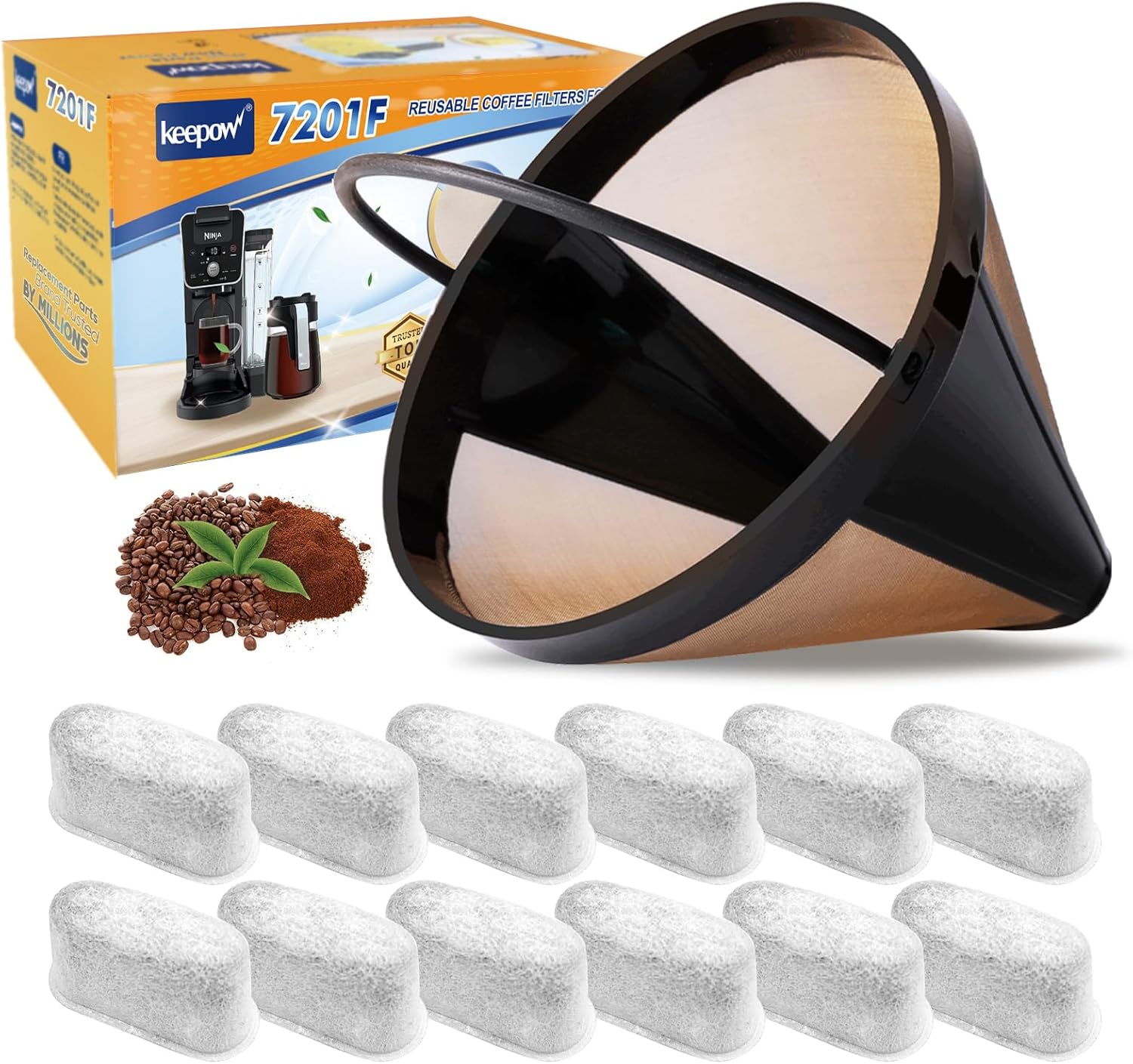 KEEPOW Reusable Coffee Filter Replacement 14 cup Compatible with Cuisinart DCC-3200 DCC-1200 Coffee Maker, Gold Tone Coffee Filter Basket 10 12 14 Cup, 1+12