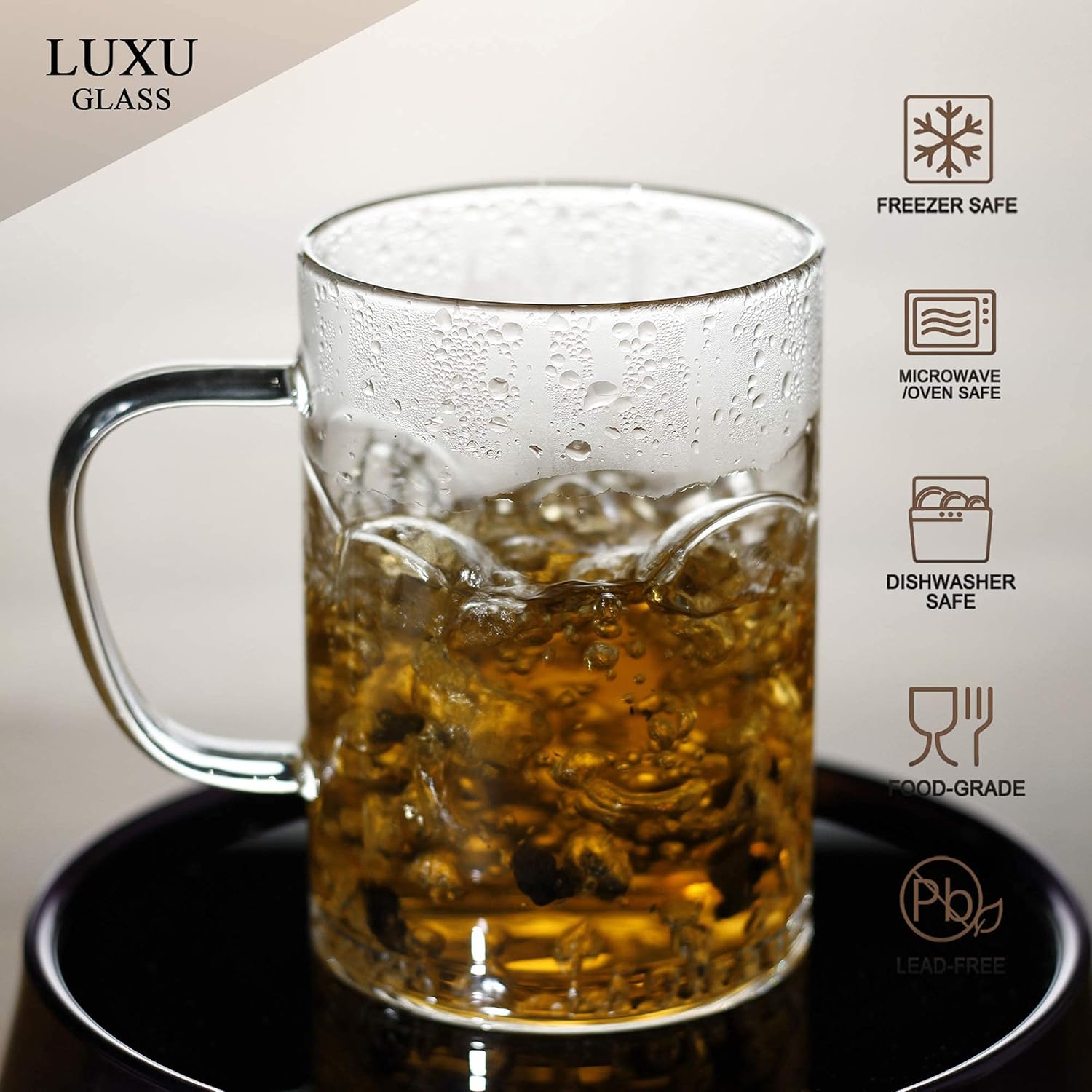 LUXU Glass Coffee Mugs 16 oz,Set of 4 Large Glass Coffee Cups Clear Tea Cups,Lead-Free Glasses Cups for Water,Latte,Milk-Flat Bottomed Design