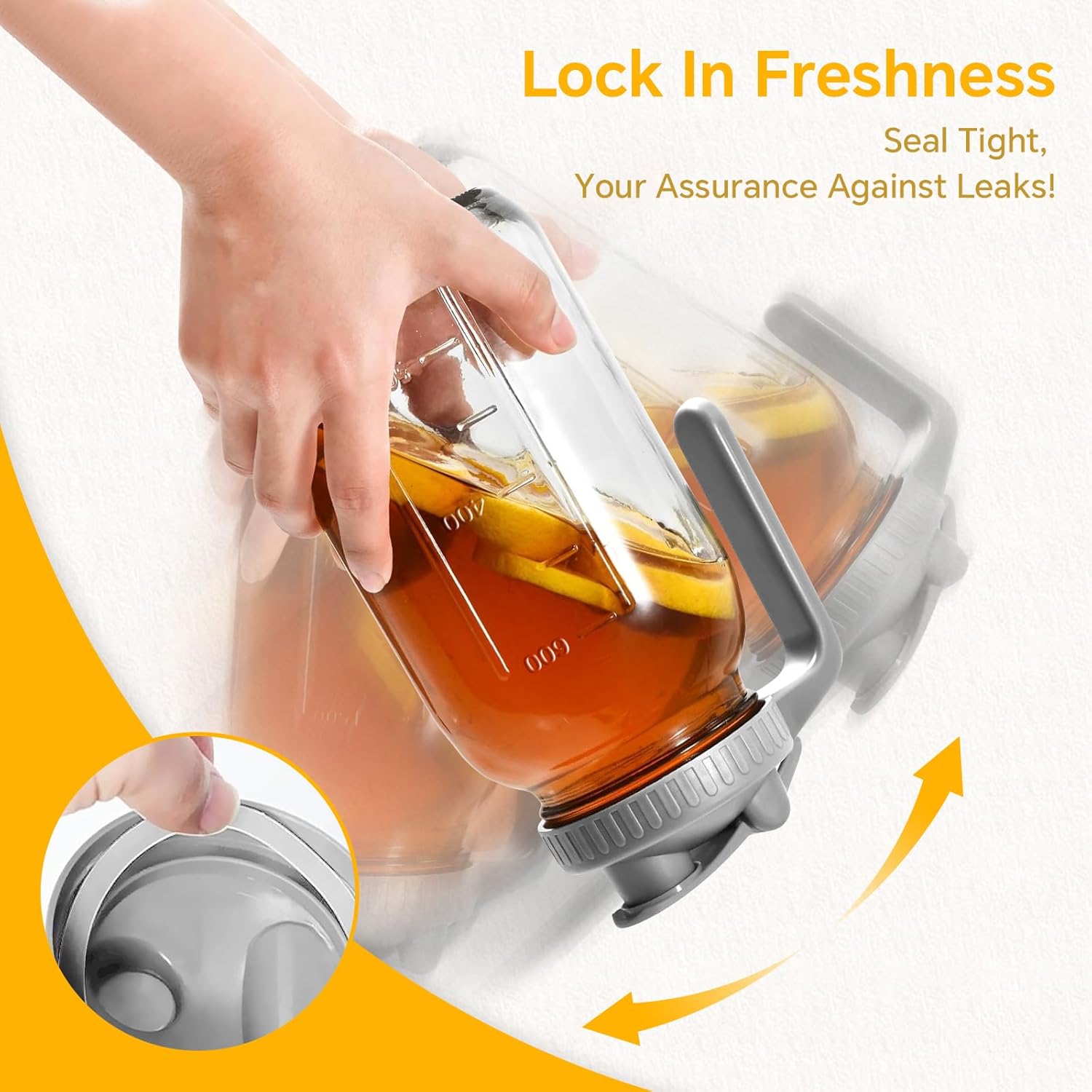 Mason Jar Pitcher, 32 OZ Glass Pitcher with Lid Double Leak-proof with Handle Water Jug Wide Mouth Breast Milk Pitcher Fridge Container for Water, Juice, Iced Coffee, Tea, Juice - Grey