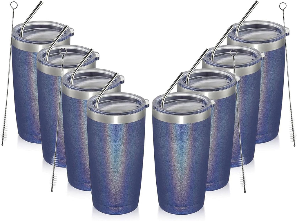 MEWAY 20oz Tumbler 8 Pack Double Wall Vacuum Insulated Travel Glitter Mug Bulk, Stainless Steel Tumblers with Lid and Straw, Powder Coated Coffee Cups for Woman(Rainbow Navy,Set of 8)
