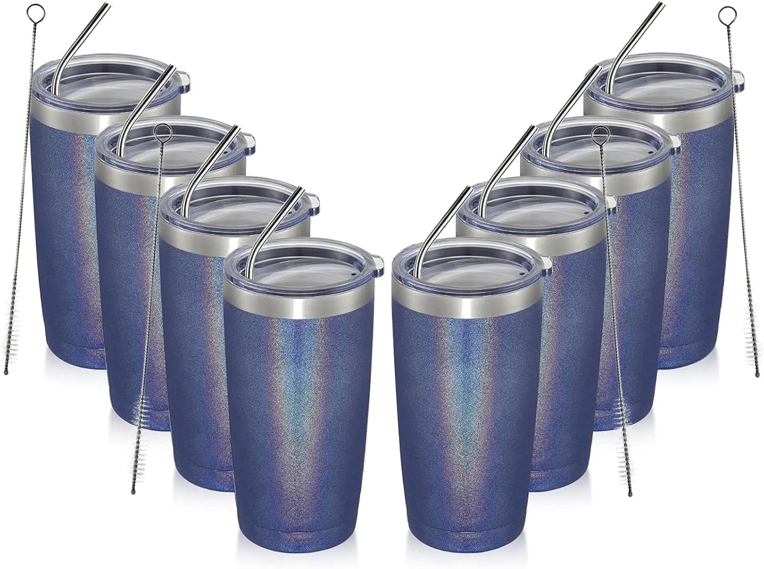 MEWAY 20oz Tumbler 8 Pack Double Wall Vacuum Insulated Travel Glitter Mug Bulk, Stainless Steel Tumblers with Lid and Straw, Powder Coated Coffee Cups for Woman(Rainbow Navy,Set of 8)