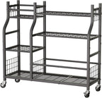 Garden Tool Organizer with Wheels for Garage and Shed, Spacious Tool Storage, Multi-Tier Design with Side Hooks for Rakes, Shovels, Brooms, and Yard Tools Rolling Cart