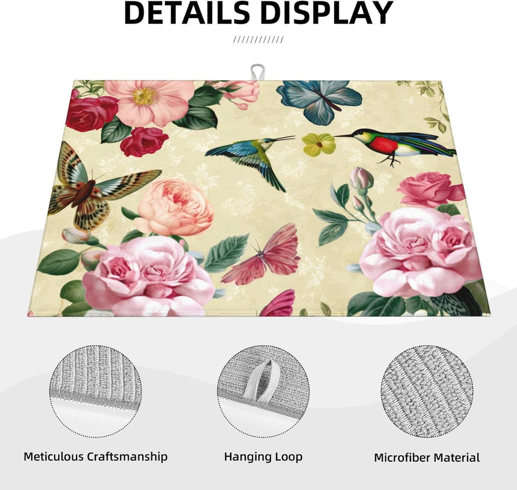 Large Dish Drying Mats For Kitchen Counter Microfiber Kitchen Drying Mat XL Draining Pad Absorbent Quick Drying Dish Mat 18x24 Inch - Birds Floral