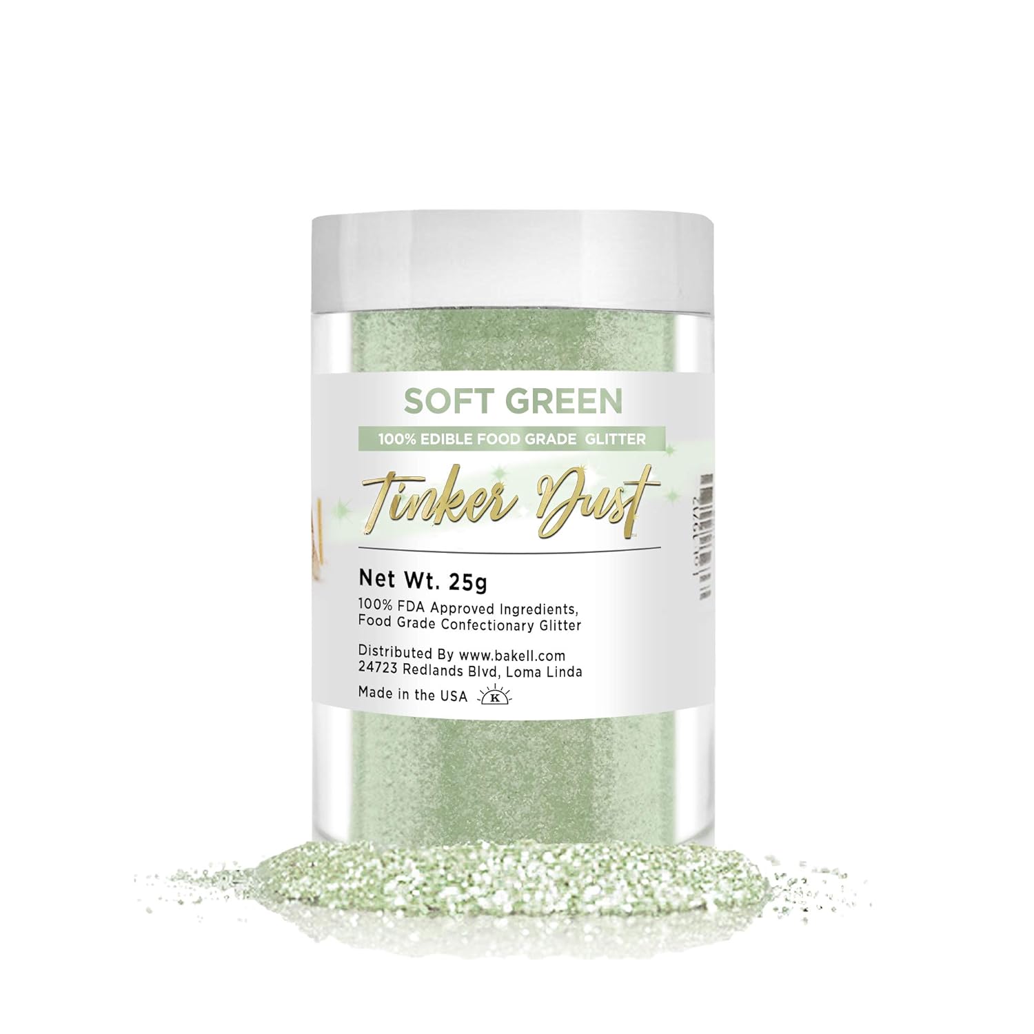 BAKELL Soft Green Edible Glitter, 25 Grams | TINKER DUST Edible Glitter | KOSHER Certified | 100% Edible Glitter | Cakes, Cupcakes, Cake Pops, Drinks, Dessert Vegan Glitter & Dusts (25g, Soft Green)