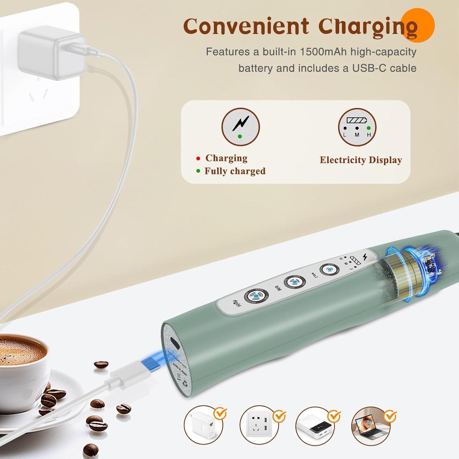 Milk Frother Handheld Rechargeable, Frother Wand Drink Mixer Electric Whisk for Coffee, Detachable With 3 Stainless Whisks, Hand Mixer for Lattes, Cappuccino, Matcha, No Stand, Sage Green