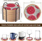 Wood Coasters Set of 6 with Holder, Cewiru Cup Mat for Drinks, Absorbent Coasters with Felt Insert for Coffee Table Protection, Modern Style Home Dining Table Decor, 4.3" Red