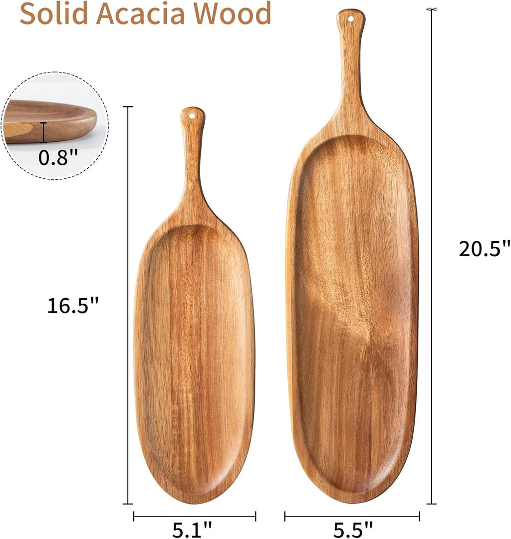 2PCS Wooden Tray Wood Serving Tray with Handle Large Serving Plates Acacia Solid Wood Appetizer Plates Multi-Use Oval Acacia Plates for Appetizer for Snack(Large 20.5“ and 16.5"